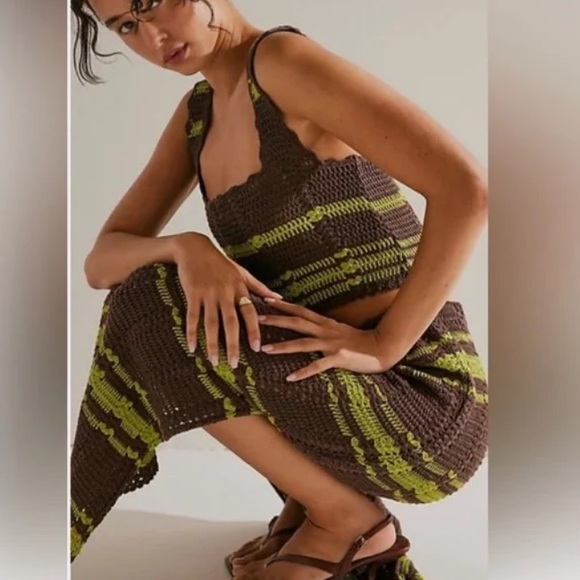 NWOT Free People Beach Donni Crochet Sweater Skirt Set Size L Color Brown/Green - Picture 13 of 16